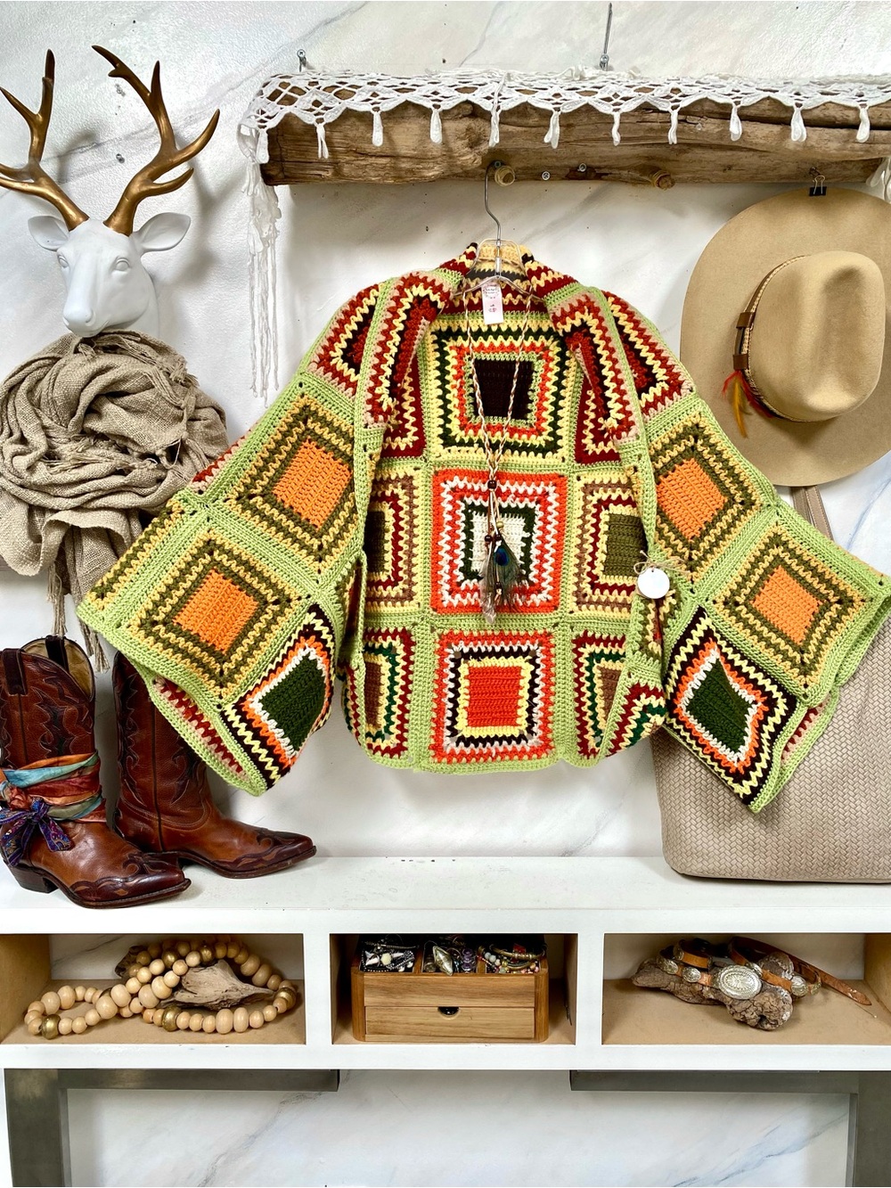 Rare Artisan GRANNY SQUARE boho Gypsy cocoon shrug kimono w cottagecore vibe